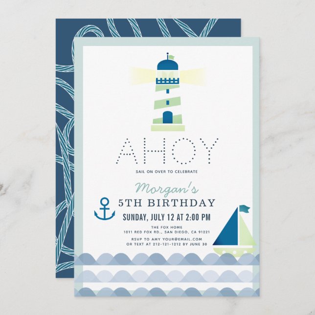 Ahoy Lighthouse Nautical Blue Boy Birthday Invitation (Front/Back)