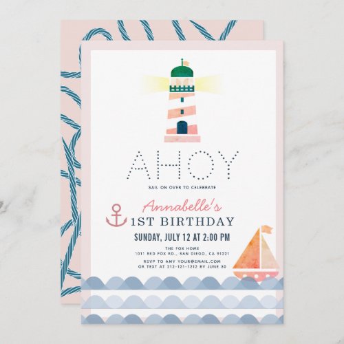 Ahoy Lighthouse Nautical Pink Girl 1st Birthday Invitation
