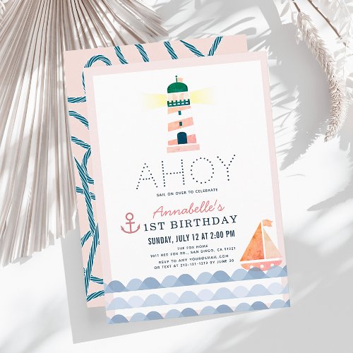 Ahoy Lighthouse Nautical Pink Girl 1st Birthday Invitation