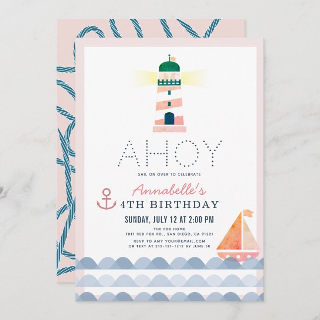 Ahoy Lighthouse Nautical Pink Girl Birthday Invitation (Front/Back)