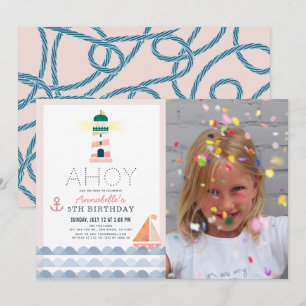 Ahoy Lighthouse Nautical Pink Girl Photo Birthday Invitation