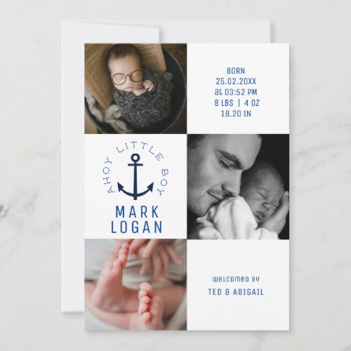 Ahoy Little Boy Photo Collage Anchor Blue Birth Announcement