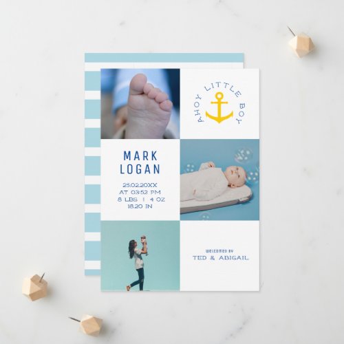 Ahoy Little Boy Photo Collage Anchor Blue Birth Announcement