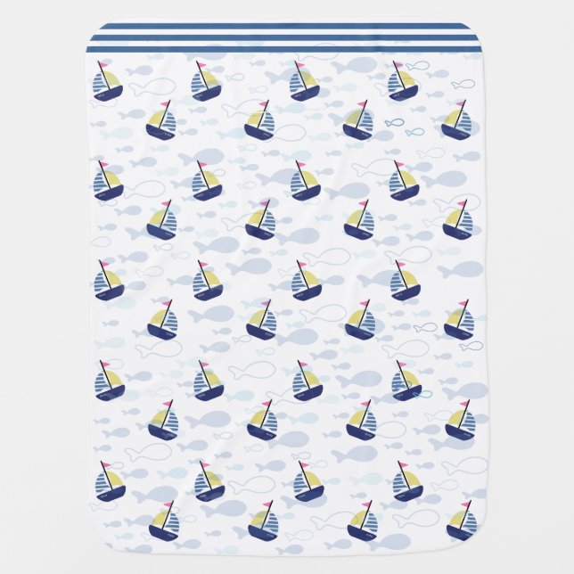 Ahoy Little Navy Blue Sailboat with Pink Flag Baby Blanket (Front)