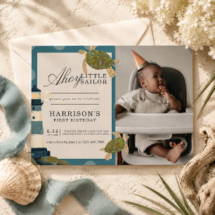 Ahoy Little Sailor Photo First Birthday Invitation