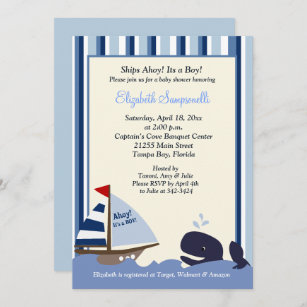 Ahoy Mate Blue Stripe Whale Baby Shower 5x7 Invitation