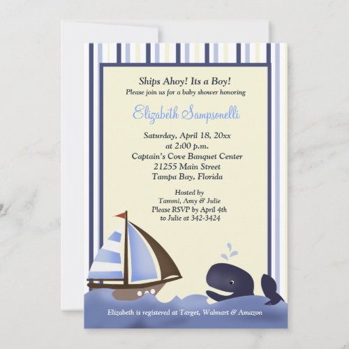 Ahoy Mate Blue Whale Baby Shower 5x7 Personalized Invitation