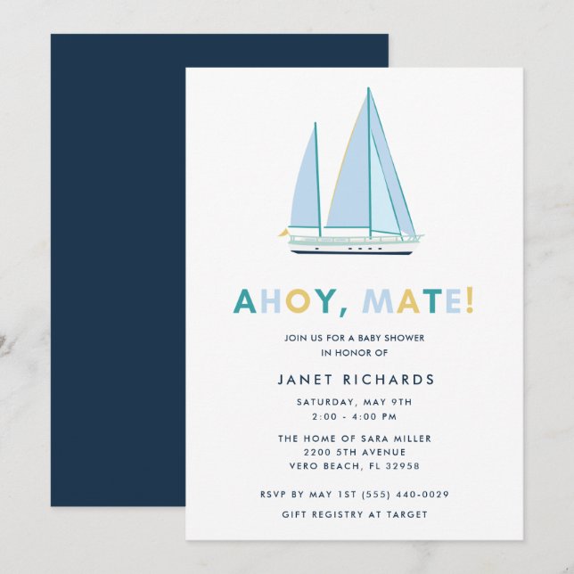 Ahoy Mate Nautical Sailboat Baby Shower Invitation (Front/Back)