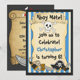 Ahoy Mate! Pirate Skull n Crossbones Blue Birthday Invitation
