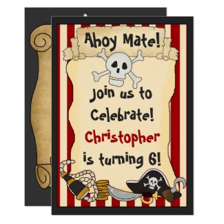 Ahoy Mate! Pirate Skull n Crossbones Red Birthday Invitation