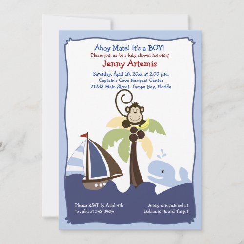 Ahoy Mate Whale, Sailboat &amp; Monkey Invitation 5x7