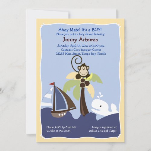 Ahoy Mate Whale, Sailboat &amp; Monkey Invitation 5x7