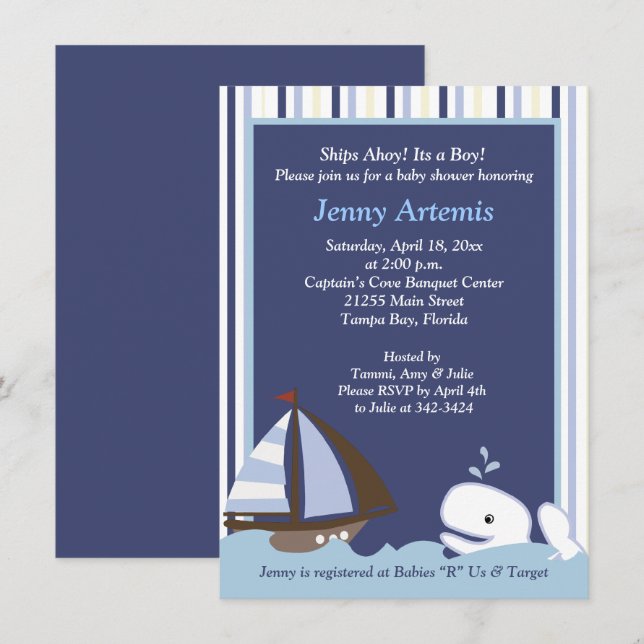 Ahoy Mate White Whale 4x6 Baby Shower Invite (Front/Back)