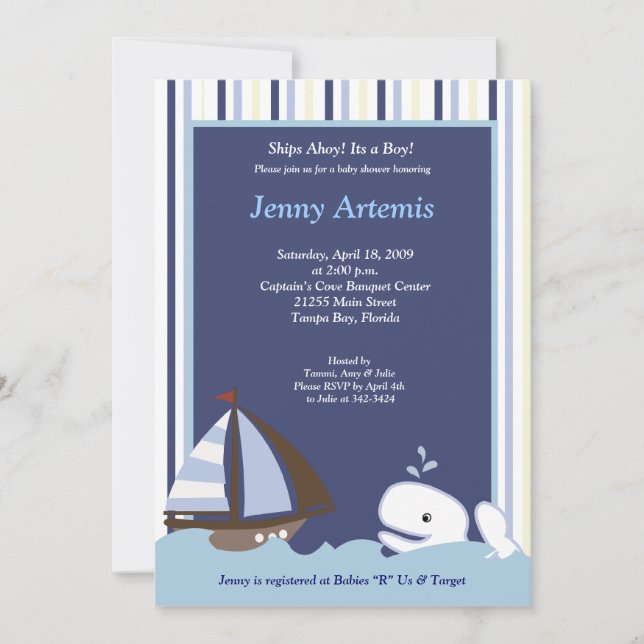 Ahoy Mate White Whale 5x7 Baby Shower Invitation (Front)