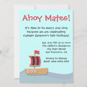 Ahoy Mates Black Red Sail Ship Kids Birthday Party Invitation