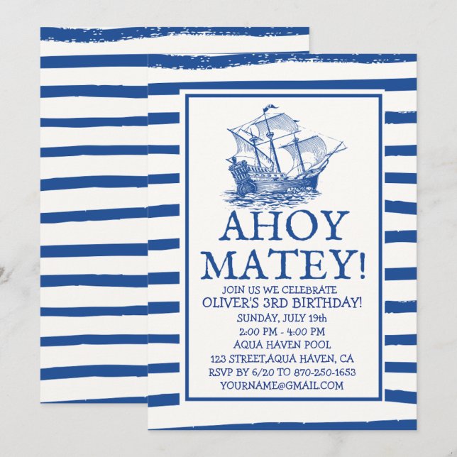 Ahoy Matey! Black Pirate Ship Birthday Invitation (Front/Back)