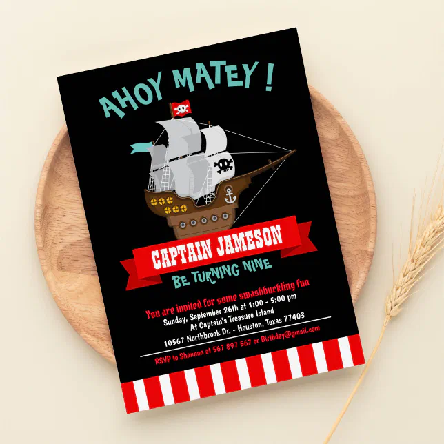 Ahoy Matey Boat Pirate Birthday Invitation Zazzle 7606