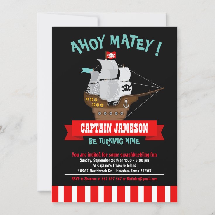 Ahoy Matey! Boat Pirate Birthday Invitation | Zazzle