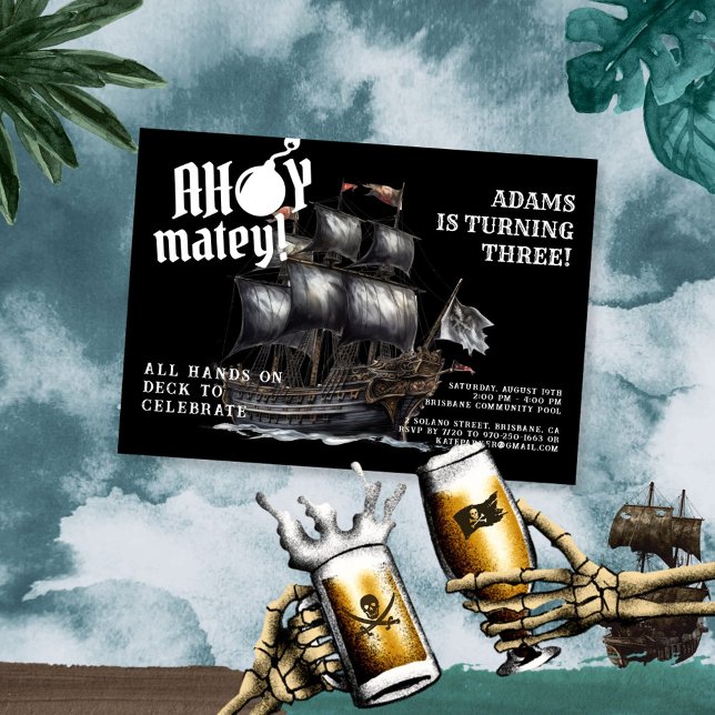 Ahoy Matey! Dark Pirate Ship Birthday Invitation (Creator Uploaded)