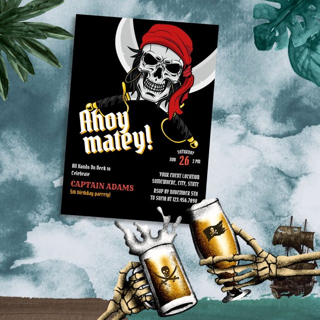 Ahoy Matey! Dark Pirates Skull Mascot Birthday Invitation (Creator Uploaded)