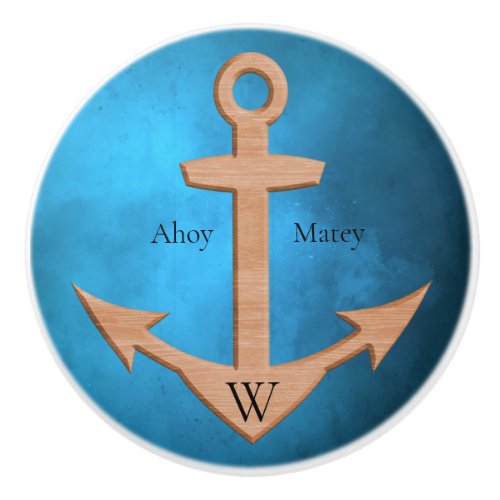 Ahoy Matey Light Wood Anchor on Dark Dusky Blue Ceramic Knob