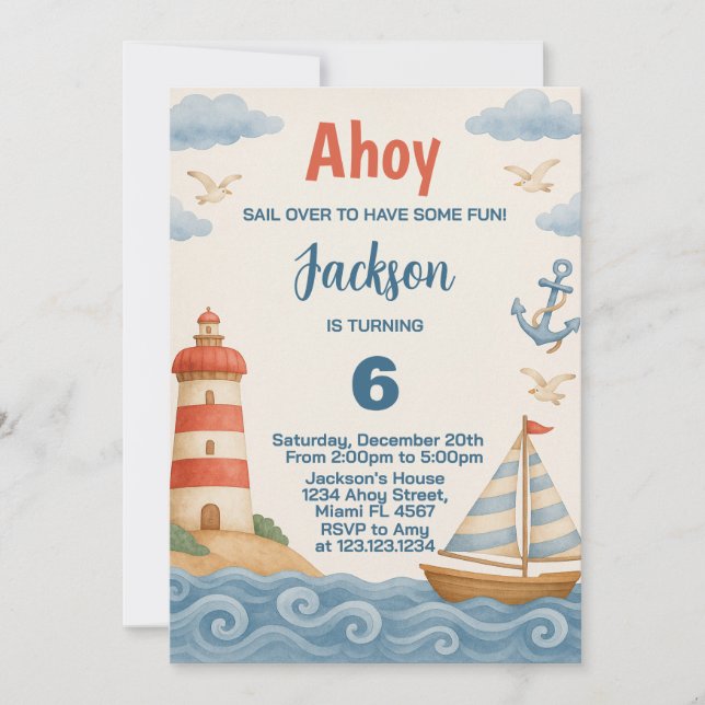 Ahoy Matey Nautical Birthday Invitation (Front)