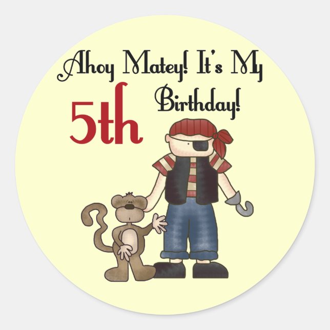 Ahoy Matey Pirate 5th Birthday Classic Round Sticker (Front)