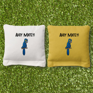 Ahoy Matey Pirate Parrot Cartoon, Funny Macaw Bird Cornhole Bags
