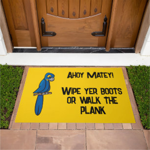Ahoy Matey Pirate Parrot Cartoon, Funny Macaw Bird Doormat