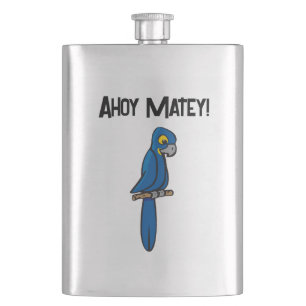 Ahoy Matey Pirate Parrot Cartoon, Funny Macaw Bird Flask