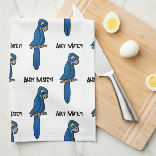 Ahoy Matey Pirate Parrot Cartoon, Funny Macaw Bird Kitchen Towel