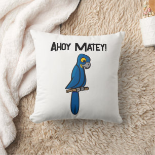 Ahoy Matey Pirate Parrot Cartoon, Funny Macaw Bird Throw Pillow