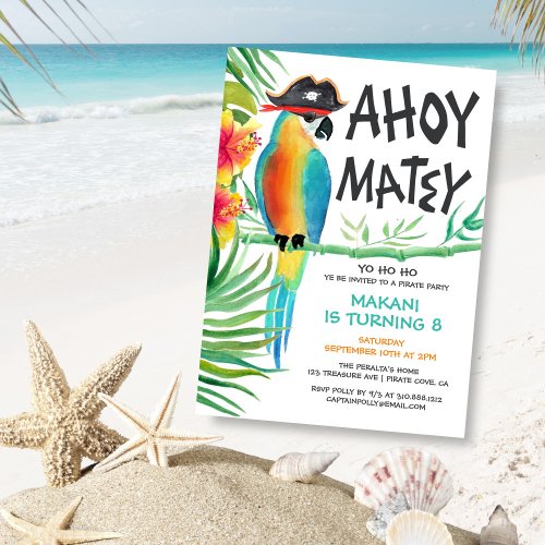 Ahoy Matey Pirate Parrot Tropical Birthday  Invitation