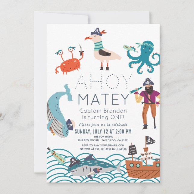 Ahoy Matey Pirate Sea Animals 1st Birthday Invitation (Front)