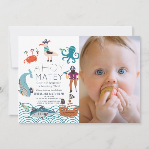 Ahoy Matey Pirate Sea Animals Photo 1st Birthday Invitation