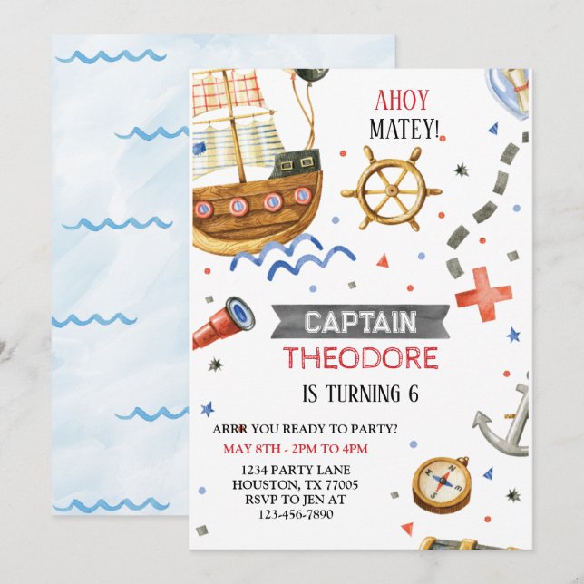 Ahoy Matey Pirate Ship Boy Birthday Invitation (Front/Back)