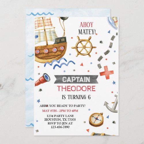 Ahoy Matey Pirate Ship Boy Birthday Invitation