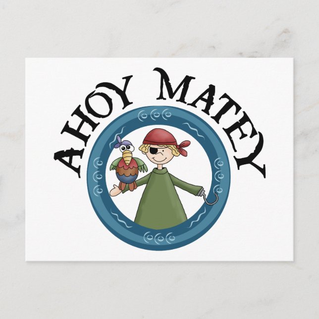 Ahoy Matey Pirate with Parrot Postcard (Front)