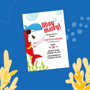 Ahoy Matey! Red Shark Pirate Birthday Invitation