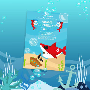 Ahoy Matey! Red Shark Pirate Under Sea Birthday Invitation