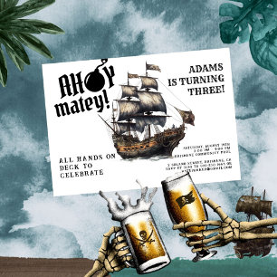 Ahoy Matey! White Pirate Ship Birthday Invitation
