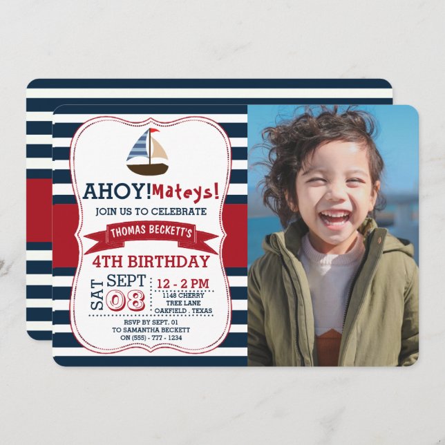 Ahoy Mateys! Nautical Boat Boys Photo Birthday Invitation (Front/Back)