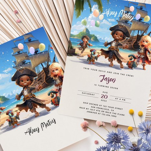 Ahoy Mateys Pirate Paradise Island Birthday Bash Invitation