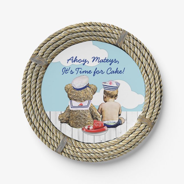Ahoy, Matyes, Boy's Baby Shower Nautical Paper Plates (Front)