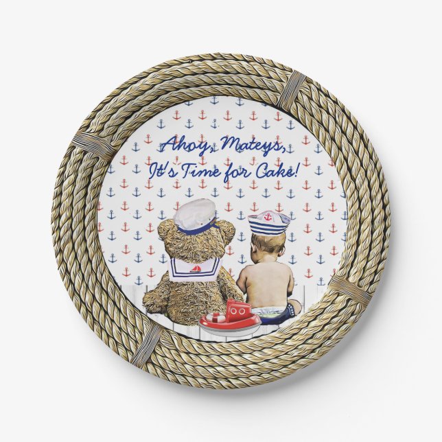 Ahoy, Matyes, Boy's Baby Shower Nautical Paper Plates (Front)