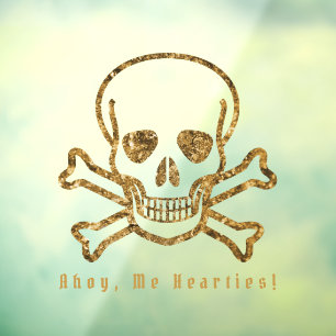 Ahoy, Me Hearties! Vintage Pirate Gold Skull Bones Window Cling