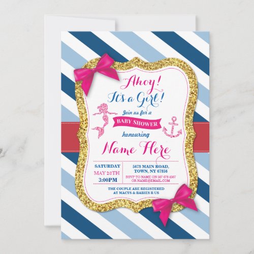 Ahoy Mermaid Baby Shower Pink Bow Invite