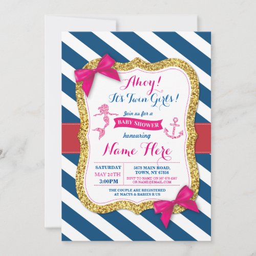 Ahoy Mermaid Baby Shower Pink Navy Invite