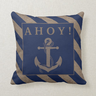Ahoy! Nautical Anchor Navy Blue & Burlap Stripes Throw Pillow