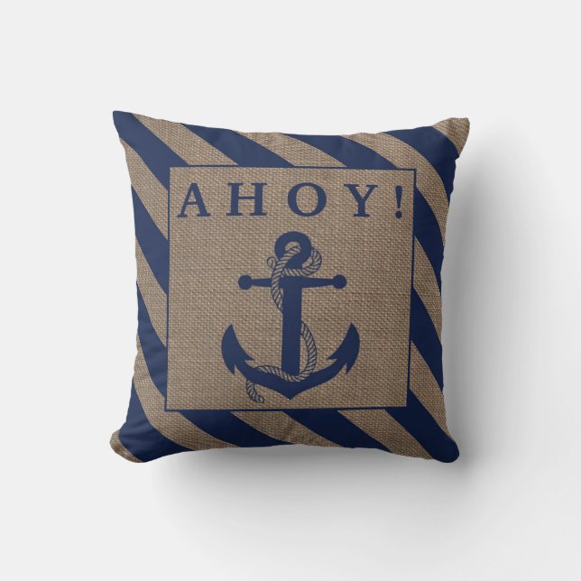 Ahoy! Nautical Anchor Navy Blue & Burlap Stripes Throw Pillow (Front)